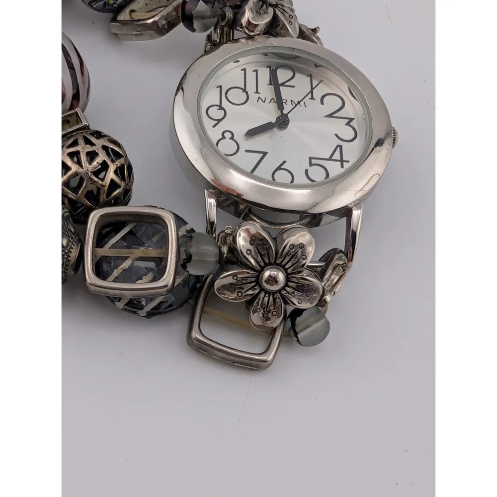Narmi Women's Watch 35mm Silver Case Beaded Stretch Band- New Battery